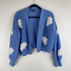 Shein Women's Cropped Cloud Knit Cardigan Size S Blue White Open Front